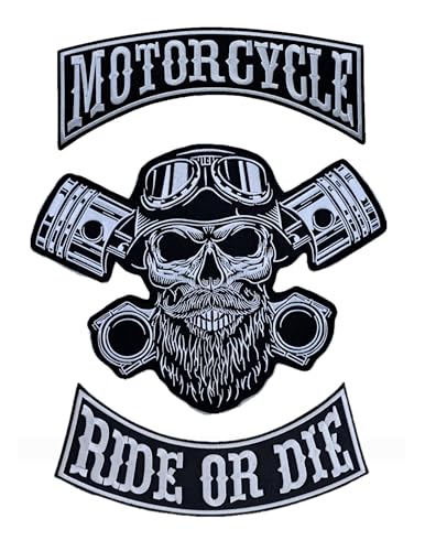 3er-Set bestickte Aufnäher Biker "Ride OrDie Motorcycle" + Punck Skull XXL Aufnäher zum Aufbügeln für Weste und Motorradwesten, zum Dekorieren von Motorradjacken, Stickerei auf DIY-Zubehör, komplettes von Suma Shop