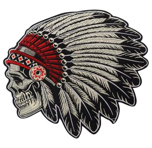 Bestickter Aufnäher zum Aufbügeln, Big Patch – Biker – Skull Indian Skull rot – Motorrad bestickt, zum Dekorieren von Westen, Jacken oder Kleidung von Suma Shop