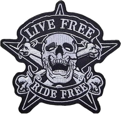 Gestickter Aufnäher zum Aufbügeln oder Aufnähen: "Totenkopf Stern Live Free - Ride Free" | Biker Patch zum Aufnähen / Aufbügeln | Sticker MC Biker | DIY von Suma Shop