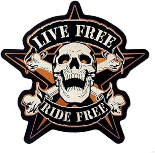 Gestickter Aufnäher zum Aufbügeln oder Aufnähen: Totenkopf Stern Orange – Live Free – Ride Free | Biker Patch zum Aufnähen / Aufbügeln | Sticker MC Motorradfahrer | DIY von Suma Shop