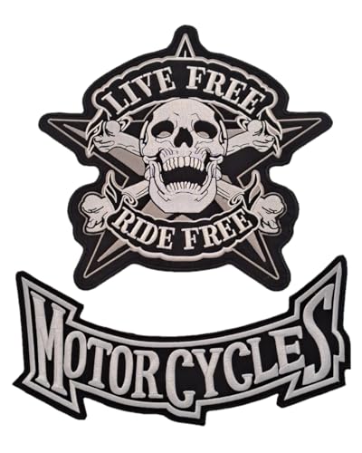 Set mit 2 Aufnäher Totenkopf auf Stern "Live Free Ride Free" + Motorcycles für Chapter, Biker, Iron für Jacke und Weste von Suma Shop