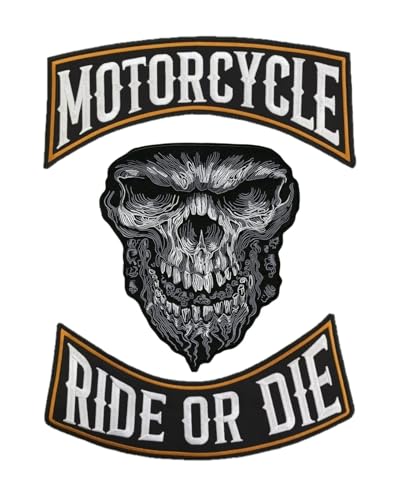 Set mit 2 bestickten Aufnähern Biker "Motorcycle | Ride Or Die " + Totenkopf Skull Böser Totenkopf zum Aufbügeln für Weste und Motorradwesten, zum Dekorieren von Motorradjacken, Stickerei auf von Suma Shop