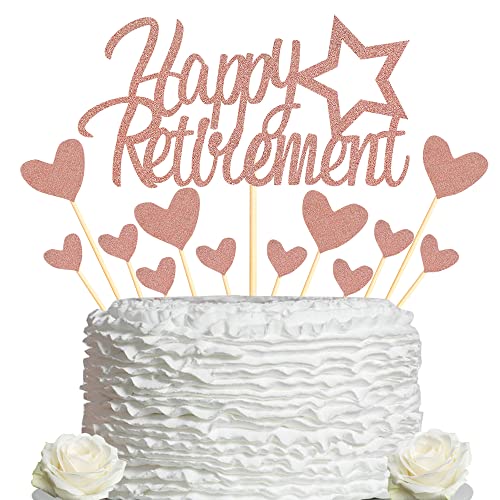 Sumerk Roségold Glitzer Happy Retirement Kuchendeckel Retired Theme Kuchendekorationen Set mit Herz Cupcake Topper Partydekorationen Zubehör - Packung mit 13 von Sumerk