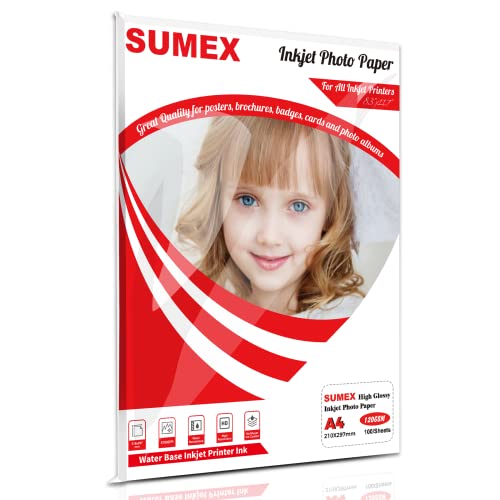 Sumex 100 x A4 Inkjet Premium Fotopapier 120g Hochglänzend, Sofort Trocken und Wasserfest von Sumex
