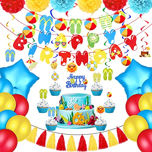 46 Stück Strandball Geburtstagsfeier Dekoration Pool Party Supplies Beinhaltet Strandball Happy Birthday Banner Cake Toppers Sommer Pool Party Hängende Wirbel Spiralen Folie Latex Ballons Papier Pom Poms von Sumind