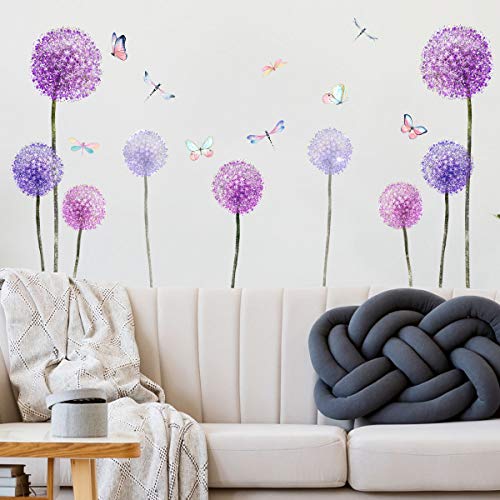 Wandtattoo Pusteblume - 3 Stück Kinderzimmer Dekoration Wandsticker mit 30x90cm Tapete mit Pflanzen Blüten Schmetterlin Wandsticker für Wandaufkleber für Wohnzimmer und Schlafzimmer (Lila) von Sumotia