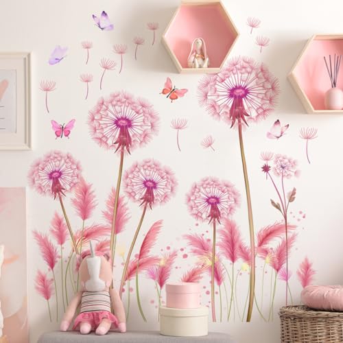 Wandtattoo Pusteblume - 3 Stück Kinderzimmer Dekoration Wandsticker mit 30x90cm Tapete mit Pflanzen Blüten Schmetterlin Wandsticker für Wandaufkleber für Wohnzimmer und Schlafzimmer (Rosa 1) von Sumotia