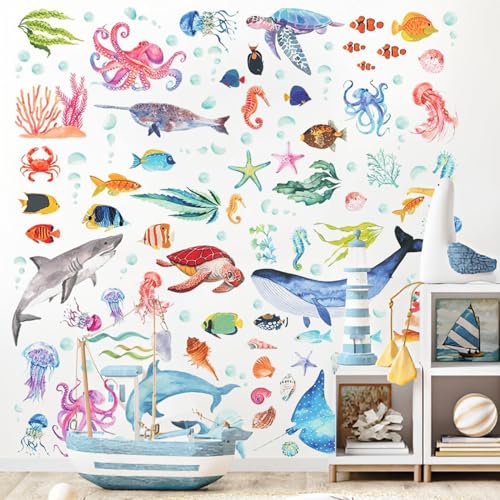 Wandtattoo Unter dem Meer Wandsticker Unterwasserwelt Delphin Meeresschildkröte Krake Ozean Wandsticker Wandkunst für Kinderzimmer Schlafzimmer Badezimmer 77 x 100 cm von Sumotia