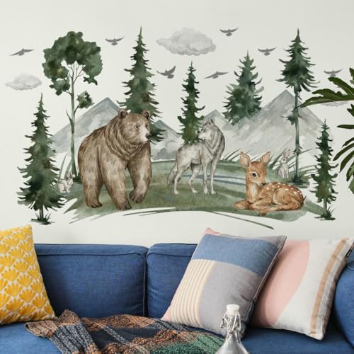 Wandtattoo Waldtiere, 2 Stück Kinderzimmer Dekoration Wandsticker mit 30x90cm Tapete mit Tiermotiven Wald Atmosphäre für Wandaufkleber für Wohnzimmer und Schlafzimmer (Wandtattoo Waldtiere 3) von Sumotia