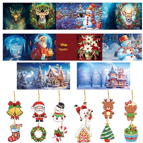 12er Set DIY Diamond Painting Grußkarten Set Weihnachten, Christmas Diamond Painting Greeting Cards Weihnachtskarte mit Cartoon-Anhänger for Kinder & Erwachsene von Sumshy