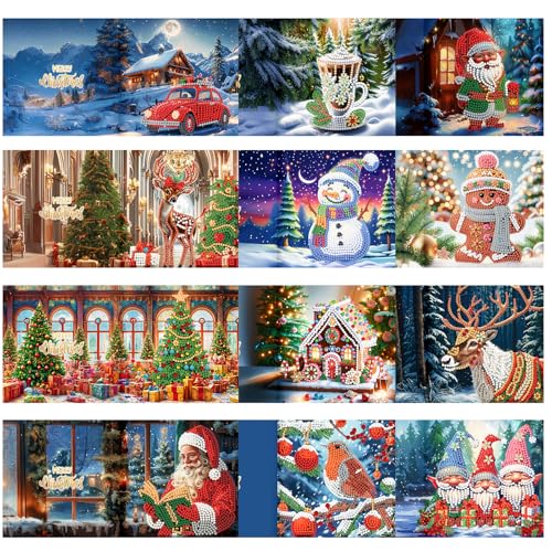 12er Set DIY Diamond Painting Grußkarten Set Ostern, Christmas Diamond Painting Greeting Cards Osternkarten for Kinder & Erwachsene (Weihnachten-12er Set F) von Sumshy