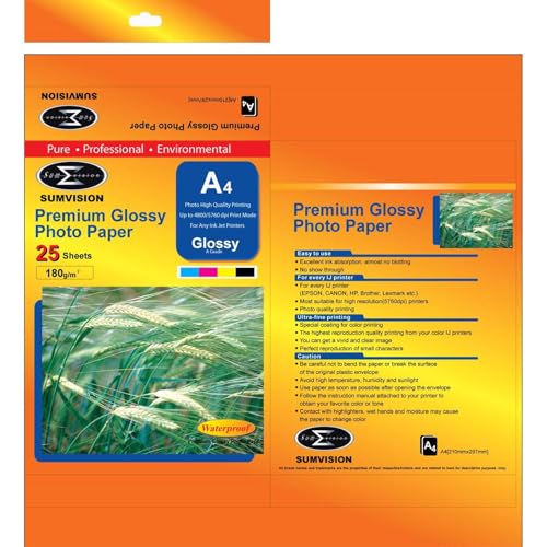 Sumvision Foto Bild Fotografisch Papier A4 180gm Glanz Photo Papier Premium Professional Glanz Ausführung Inkjet Bedruckbar Fotopapier 25 -blatt-packung von Sumvision