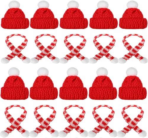 SunAurora 20 Stück Mini Weihnachtsmütze Mini Strickmützen und Schal Set Weihnachtsweinflaschen-Abdeckungsset Kleine Nikolausmützen Schal für Puppenhaus Mikrolandschaft Weihnachtsdekoration (Rot) von SunAurora