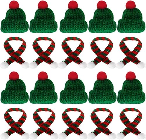 SunAurora 20 Stück Mini Weihnachtsmütze Mini Strickmützen und Schal Set Weihnachtsweinflaschen-Abdeckungsset Kleine Nikolausmützen Schal für Puppenhaus Mikrolandschaft Weihnachtsdekoration (Grün) von SunAurora