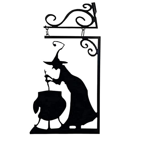 SunaOmni Halloween Corner Witches Black Cauldron Signs, Mysterious Witch Statue Doorframe Door Decoration, Halloween Scary Hanging Metal Wall Sign, for Front Yard Garden Party Decor von SunaOmni