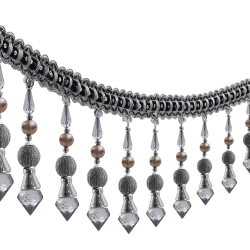 Sunbe Shines Fransenborte mit langen Perlen und Quasten, Vorhangband für Abdeckungen, dekorativ, 2,7 m (grau) von Sunbe Shines