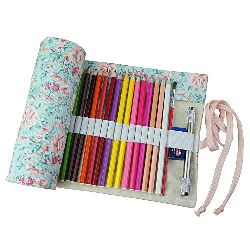 Suneast 72 Löcher Leinwand Roll Up Bleistift Tasche Große Kapazität Buntstifte Schreibwaren Federmäppchen Stifterolle Mäppchen Wrap Federmappe für Künstler Schule Büro und Make up - Blume von Suneast