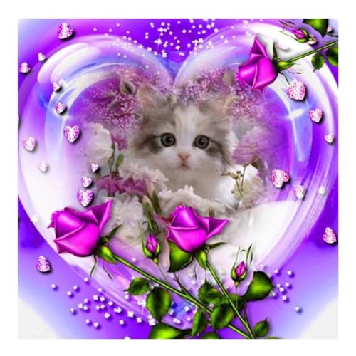 DIY Diamond Painting Set,Lila Rose Katze 5D Diamant Painting Bilder für Erwachsene Kinder Full Strassstein Stickerei Kreuzstich Diamant Mosaik Malerei Home Wall Room Decoration Square Drill,40x40cm von Suneve