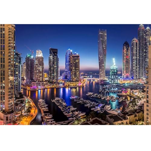 Diamond Painting Blick auf Dubai bei Nacht,Diamant Painting Bilder Set für Erwachsene,Full 5D DIY Diamant Kunst Malerei Strass Stickerei Set Kreuzstich Bilder Home Wand Dekor Round Drill,100x150cm von Suneve