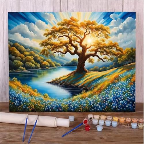 Malen Nach Zahlen Erwachsene Baumfluss DIY Handgemalt Ölgemälde Set für Anfänger mit inklusive Pinsel und Acrylfarben Geschenke und Home Haus Deko(Ohne Rahmen) - 45x60cm von Suneve