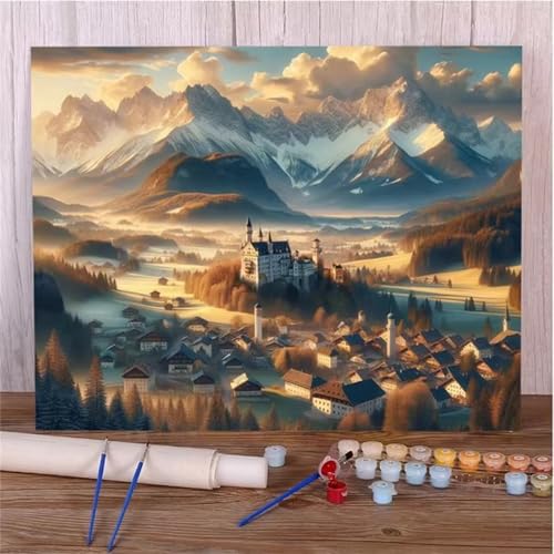 Malen Nach Zahlen Erwachsene Bergarchitektur DIY Handgemalt Ölgemälde Set für Anfänger mit inklusive Pinsel und Acrylfarben Geschenke und Home Haus Deko(Ohne Rahmen) - 40x50cm von Suneve