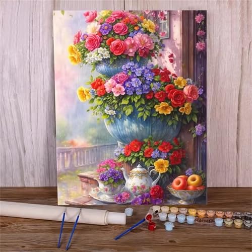 Malen Nach Zahlen Erwachsene Bunte Blumen DIY Handgemalt Ölgemälde Set für Anfänger mit inklusive Pinsel und Acrylfarben Geschenke und Home Haus Deko(Ohne Rahmen) - 40x60cm von Suneve