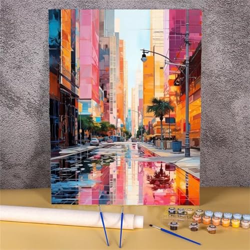 Malen Nach Zahlen Erwachsene Bunte Stadt,DIY Straße Handgemalt Ölgemälde Kit für Anfänger,mit Pinseln und Acrylfarben für Geschenk und Home Wall Decor(Mit Rahmen) - 55x70cm von Suneve