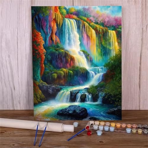 Malen Nach Zahlen Erwachsene Bunter Wasserfall DIY Handgemalt Ölgemälde Set für Anfänger mit inklusive Pinsel und Acrylfarben Geschenke und Home Haus Deko(Ohne Rahmen) - 45x60cm von Suneve