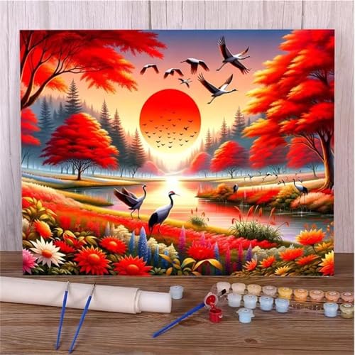 Malen Nach Zahlen Erwachsene Landschaft Rot DIY Handgemalt Ölgemälde Set für Anfänger mit inklusive Pinsel und Acrylfarben Geschenke und Home Haus Deko(Ohne Rahmen) - 45x60cm von Suneve