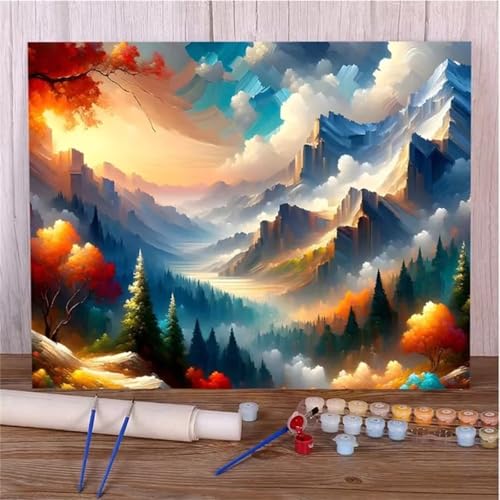 Malen Nach Zahlen Erwachsene Landschaftsberg DIY Handgemalt Ölgemälde Set für Anfänger mit inklusive Pinsel und Acrylfarben Geschenke und Home Haus Deko(Ohne Rahmen) - 45x60cm von Suneve