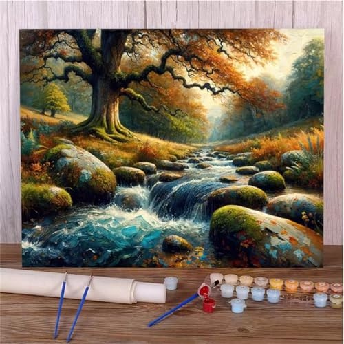 Malen Nach Zahlen Erwachsene Landschaftsfluss DIY Handgemalt Ölgemälde Set für Anfänger mit inklusive Pinsel und Acrylfarben Geschenke und Home Haus Deko(Ohne Rahmen) - 45x60cm von Suneve