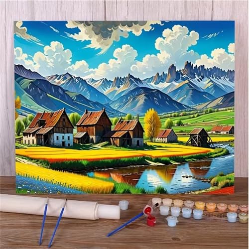 Malen Nach Zahlen Erwachsene Landschaftshaus DIY Handgemalt Ölgemälde Set für Anfänger mit inklusive Pinsel und Acrylfarben Geschenke und Home Haus Deko(Ohne Rahmen) - 40x60cm von Suneve