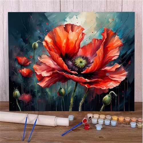 Malen Nach Zahlen Erwachsene Mohnrot DIY Handgemalt Ölgemälde Set für Anfänger mit inklusive Pinsel und Acrylfarben Geschenke und Home Haus Deko(Ohne Rahmen) - 50x65cm von Suneve