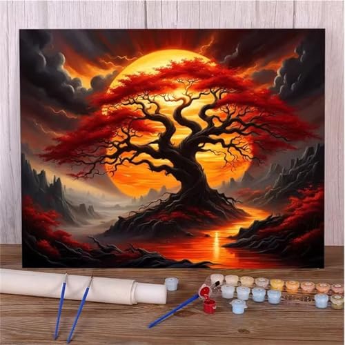 Malen Nach Zahlen Erwachsene Roter Baummond DIY Handgemalt Ölgemälde Set für Anfänger mit inklusive Pinsel und Acrylfarben Geschenke und Home Haus Deko(Ohne Rahmen) - 40x60cm von Suneve