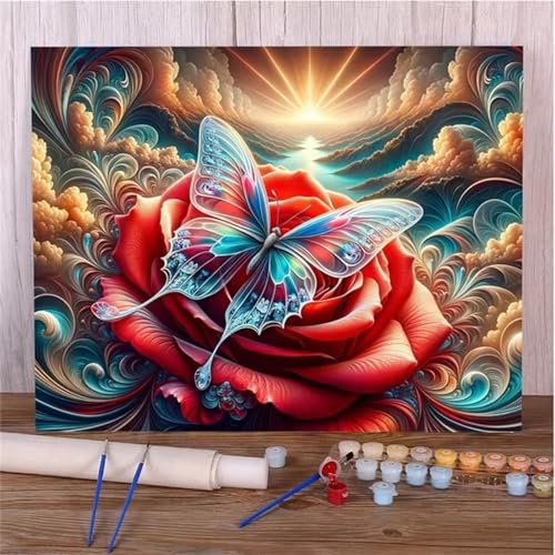 Malen Nach Zahlen Erwachsene Schmetterlingsrote Rose DIY Handgemalt Ölgemälde Set für Anfänger mit inklusive Pinsel und Acrylfarben Geschenke und Home Haus Deko(Ohne Rahmen) - 40x60cm von Suneve