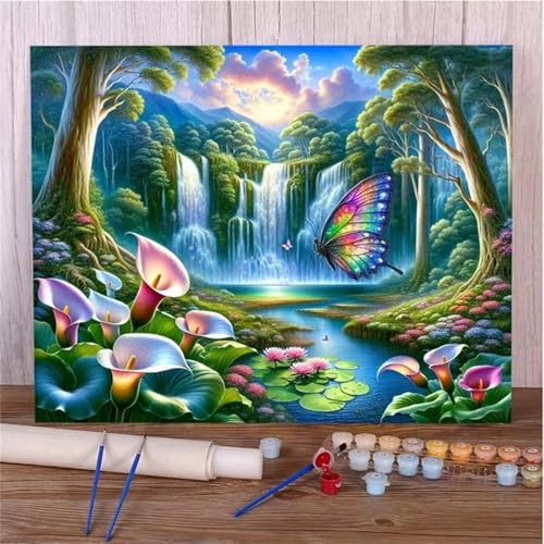 Malen Nach Zahlen Erwachsene Schmetterlingswasserfall DIY Handgemalt Ölgemälde Set für Anfänger mit inklusive Pinsel und Acrylfarben Geschenke und Home Haus Deko(Ohne Rahmen) - 45x60cm von Suneve