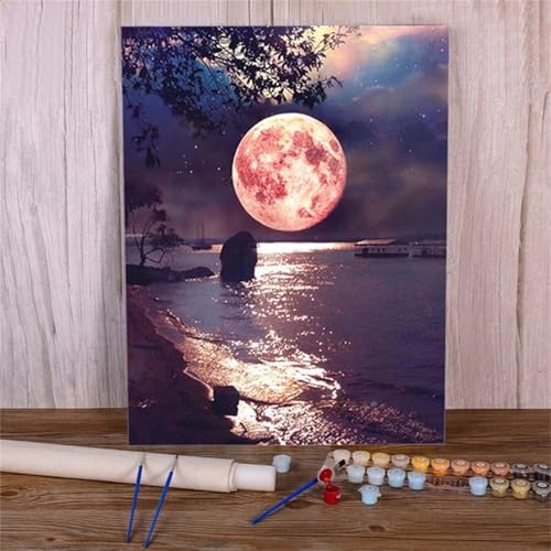 Malen Nach Zahlen Erwachsene Schöner Mond,DIY Ozean Handgemalt Ölgemälde Kit für Anfänger,mit Pinseln und Acrylfarben für Geschenk und Home Wall Decor(Mit Rahmen) - 50x65cm von Suneve