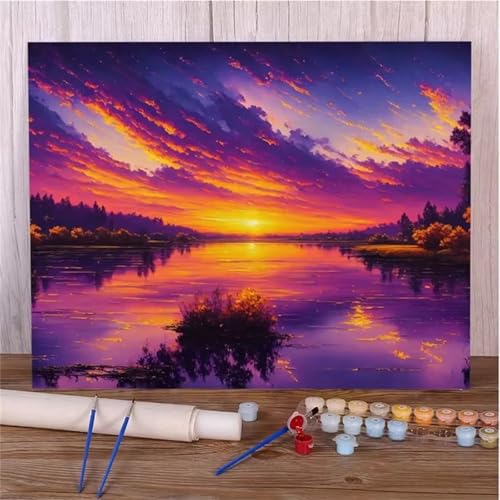 Malen Nach Zahlen Erwachsene Sonnenuntergangslandschaft DIY Handgemalt Ölgemälde Set für Anfänger mit inklusive Pinsel und Acrylfarben Geschenke und Home Haus Deko(Ohne Rahmen) - 55x70cm von Suneve