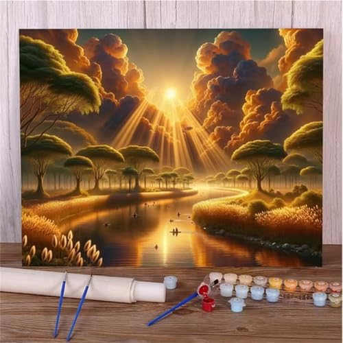 Malen Nach Zahlen Erwachsene Sunshine River DIY Handgemalt Ölgemälde Set für Anfänger mit inklusive Pinsel und Acrylfarben Geschenke und Home Haus Deko(Ohne Rahmen) - 40x60cm von Suneve