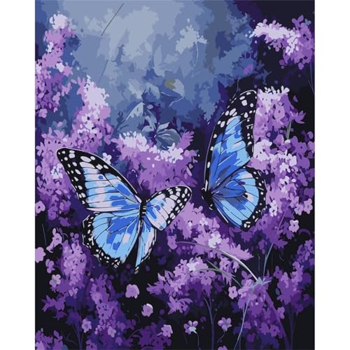 Suneve Blaue Schmetterlinge Malen Nach Zahlen,Lila Blumen Malen Nach Zahlen für Erwachsene und Anfänger,mit Pinseln und Acrylfarben(Ohne Rahmen),für Home Wanddekoration - 30x40cm von Suneve