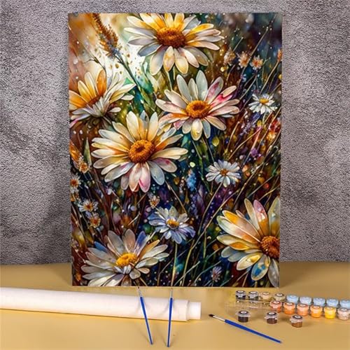 Suneve Bunte Gänseblümchen Malen Nach Zahlen,Pflanzen Malen Nach Zahlen für Erwachsene und Anfänger,mit Pinseln und Acrylfarben(Ohne Rahmen),für Home Wanddekoration - 55x70cm von Suneve