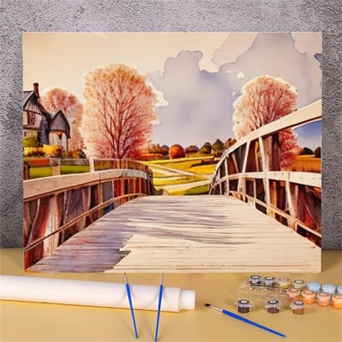 Suneve Landschaftsbrücke Malen Nach Zahlen,Baum Malen Nach Zahlen für Erwachsene und Anfänger,mit Pinseln und Acrylfarben(Ohne Rahmen),für Home Wanddekoration - 45x60cm von Suneve