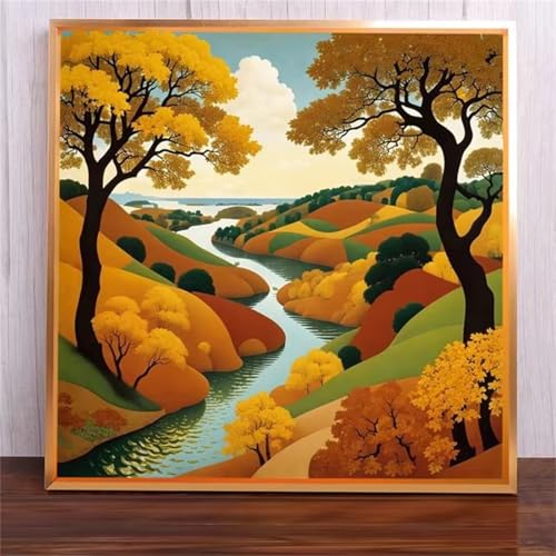 Suneve Malen Nach Zahlen Erwachsene,DIY Gelber Baumfluss Handgemalt Ölgemälde Kit Paint by Numbers mit 3-Pinseln und Acrylfarbe Ohne Rahmen für Geschenk Heimdekoration - 40x40cm von Suneve