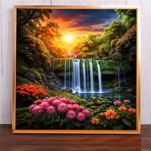 Suneve Malen Nach Zahlen Erwachsene,DIY Sonnenaufgang-Wasserfall Handgemalt Ölgemälde Kit Paint by Numbers mit 3-Pinseln und Acrylfarbe Ohne Rahmen für Geschenk Heimdekoration - 40x40cm von Suneve