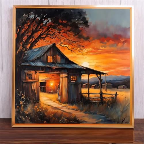 Suneve Malen Nach Zahlen Erwachsene,DIY Sonnenuntergangshaus Handgemalt Ölgemälde Kit Paint by Numbers mit 3-Pinseln und Acrylfarbe Ohne Rahmen für Geschenk Heimdekoration - 30x30cm von Suneve