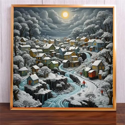 Suneve Malen Nach Zahlen Erwachsene,DIY Winterdorf Handgemalt Ölgemälde Kit Paint by Numbers mit 3-Pinseln und Acrylfarbe Ohne Rahmen für Geschenk Heimdekoration - 30x30cm von Suneve