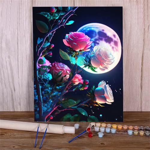 Suneve Malen Nach Zahlen Erwachsene Blume Rose,DIY Mond Handgemalt Ölgemälde Kit für Anfänger,mit Pinseln und Acrylfarben für Geschenk und Home Wall Decor(Mit Rahmen) - 45x60cm von Suneve