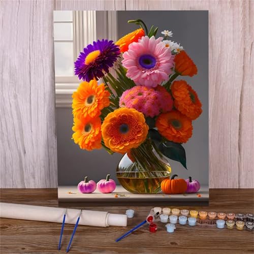 Suneve Malen Nach Zahlen Erwachsene Bunte Blumen,DIY Gänseblümchen Handgemalt Ölgemälde Kit für Anfänger,mit Pinseln und Acrylfarben für Geschenk und Home Wall Decor(Mit Rahmen) - 50x65cm von Suneve