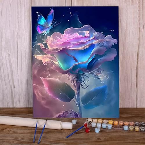 Suneve Malen Nach Zahlen Erwachsene Fantasierose,DIY Schmetterling Handgemalt Ölgemälde Kit für Anfänger,mit Pinseln und Acrylfarben für Geschenk und Home Wall Decor(Mit Rahmen) - 40x50cm von Suneve