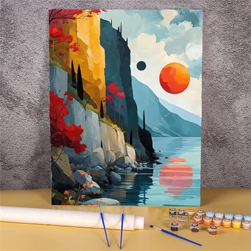 Geometrischer Berg - Malen nach Zahlen für Erwachsene,Mond Acrylfarben Malen nach Zahlen für Erwachsene,DIY mit Rahmen Handgemalt Ölgemälde,mit Pinseln Malen nach Zahlen Wanddekor Geschenk,30x40cm von Suneve